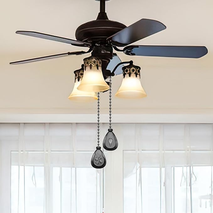 Black Ceiling Fan Pull Chain, 2Pcs 12 Inches Decorative Fan Pull Chain Ornaments Extension, 3mm Diameter Beaded Ball Fan Pull Chain Extender with Connector(2 Pack)
