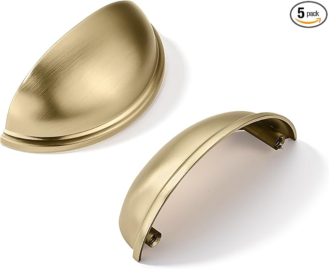 khtumeware 5 Pack 2-1/2" Gold Drawer Pulls Brushed Brass Cabinet Cup Pulls Kitchen Hardware Cabinet Handles Drawer Handles Knobs 2.5 inch Hole Center