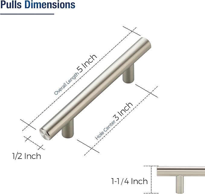 JOY DECOR 3 Pack Cabinet Handles, Brushed Nickel Cabinet Pulls, 3 in Hole Center Kitchen Cabinet Handles, Stainless Steel T Bar Handles for Dresser Drawers