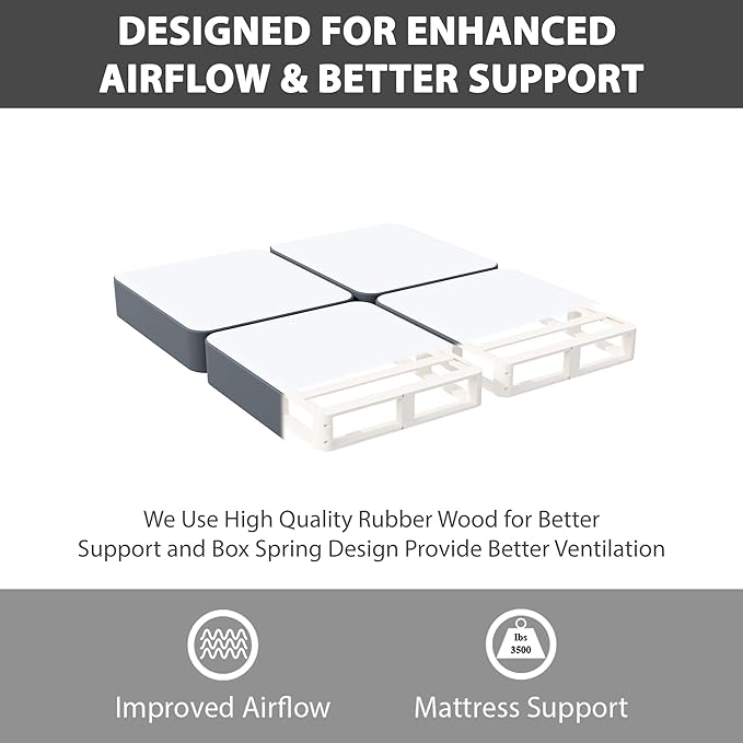 Treaton, 4-Inch Sturdy Wood Box Spring for Mattress Support - Durable and Fully Assembled, Natural Wood Foundation for King(Fold), Gray