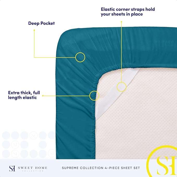 Twin XL Sheets - Breathable Luxury Sheets with Full Elastic & Secure Corner Straps Built In - 1800 Supreme Collection Extra Soft Deep Pocket Bedding Set, Sheet Set, Twin XL, Teal