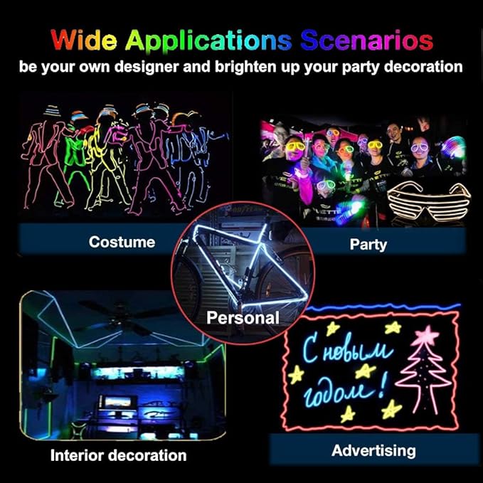 MaxLax EL Wire Green, 2M Portable Battery Pack Neon Light Strip 360° Cuttable Glowing Rope Lights for Parties, Halloween, DIY Decoration