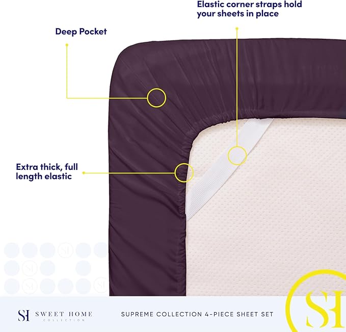 RV Queen Bed Sheets - Breathable Luxury Sheets with Full Elastic & Secure Corner Straps Built In - 1800 Supreme Collection Extra Soft Deep Pocket Bedding Set, Sheet Set, RV Short Queen, Purple