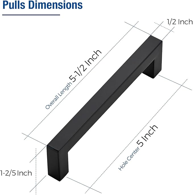 JOY DECOR 50 Pack Cabinet Handles, Black Cabinet Pulls, 5 Inch Kitchen Closet Handles Square Drawer Pulls Stainless Steel Drawer Hardware, 128mm Hole Centers