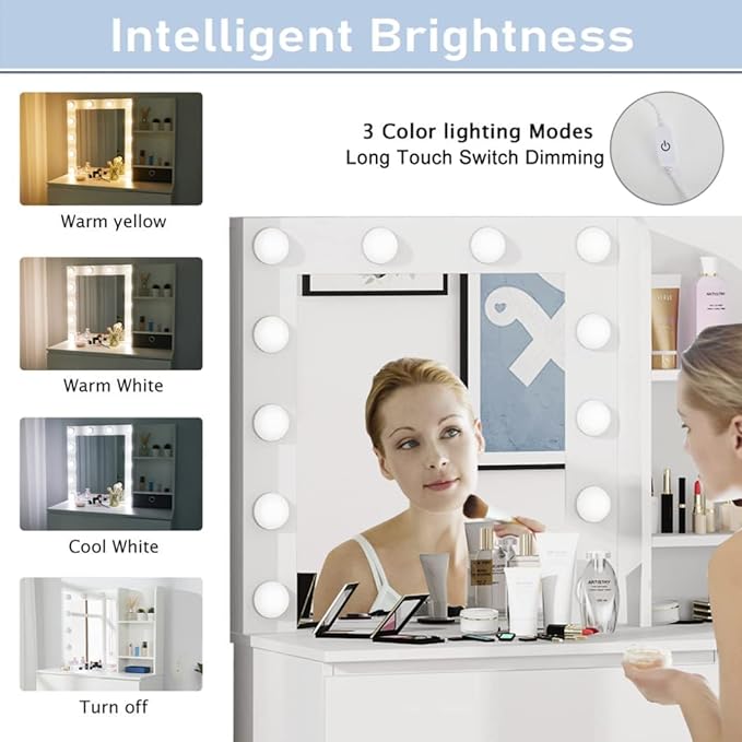 Vabches Makeup Vanity with Lights, 37inch Vanity Desk, 4 Large Drawers Dresser with Lighted Mirror, 3 Lighting Modes Brightness Adjustable, White