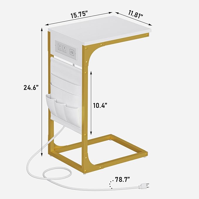 TUTOTAK C Shaped End Table with Charging Station, Side Table for Sofa, Couch Table with Storage Bag, TV Tray Table with 2 USB Ports and Outlets for Living Room, Bedroom, White and Gold TB01BWG024