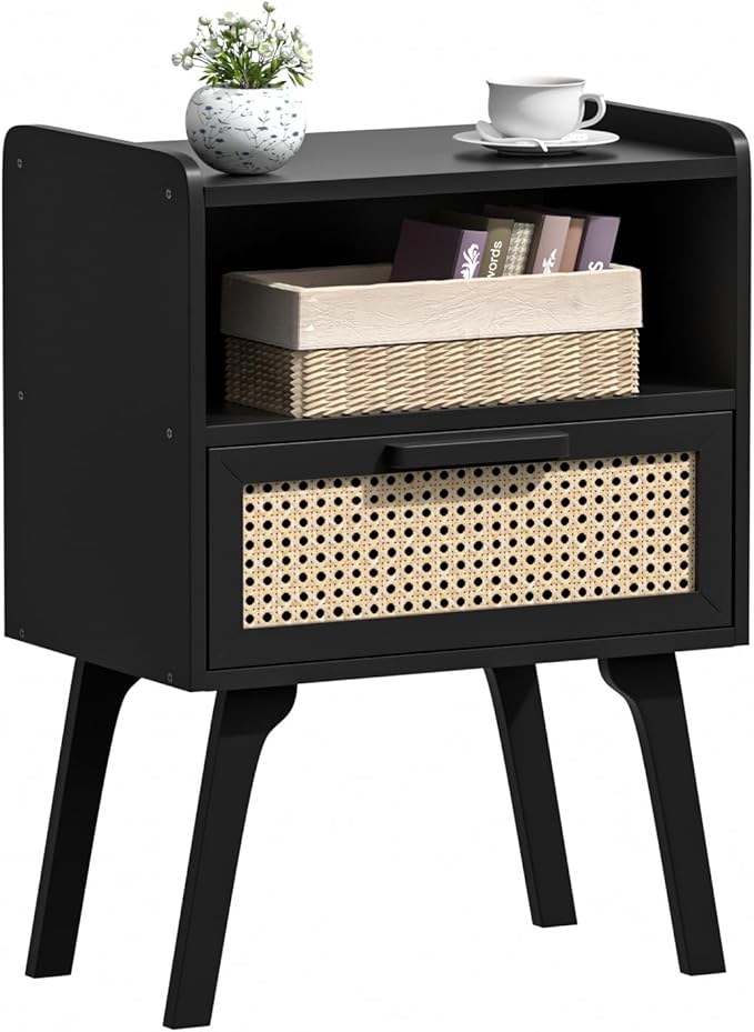 Lerliuo Rattan Nightstand, Bedside Table with Drawer Open Shelf, Cane Accent Side End Table with Solid Wood Legs, Black Mid Century Night Stand for Bedroom, Dorm and Small Spaces