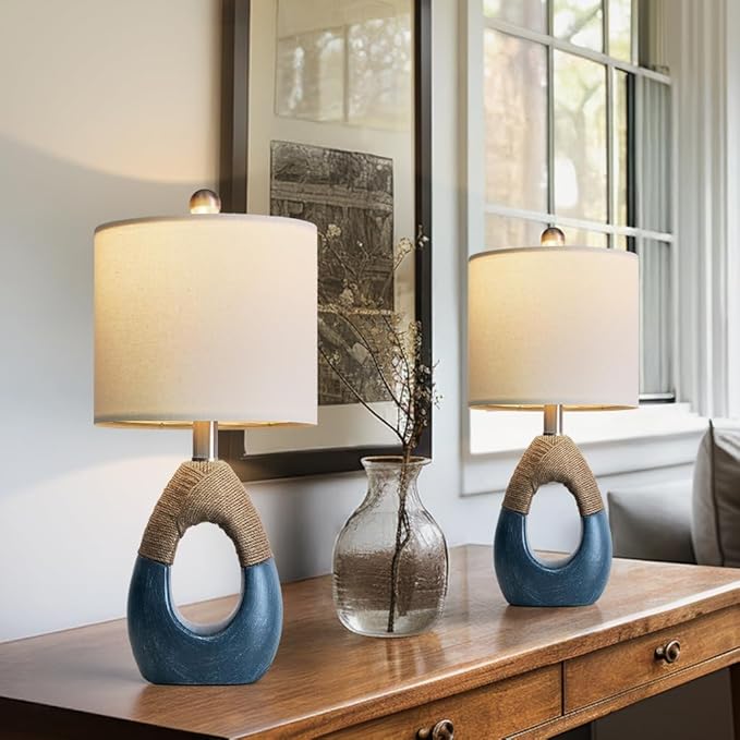 OYEARS 19" Boho Bedside Lamps Set of 2, Suitable for Small Spaces, Blue Table Lamps for Living Room & Coastal Farmhouse End Tables
