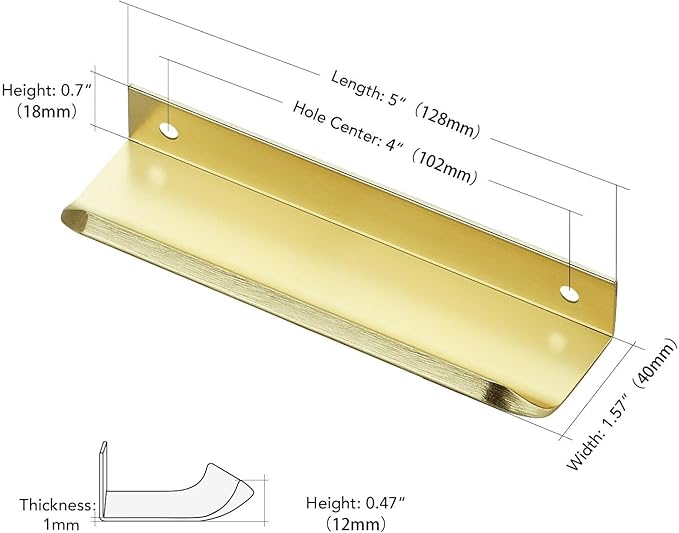 Ravinte Hardware 8 Pack Gold Cabinet Handles, 5 Inch (128mm) Finger Edge Pulls, 4 Inch Hole Center, Finger Pulls for Cabinets