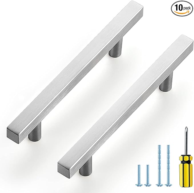 Ravinte Brushed Nickel Cabinet Handles 10 Pack 4 inch Satin Nickel Square Cabinet Pulls Silver Hardware for Kitchen Cabinets 6 inch Overall Length Stainless Steel Drawer Pulls