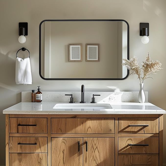 ANDY STAR 24x32 INCH Black Bathroom Mirror, Black Bathroom Vanity Mirrors for Wall, Rounded Rectangle Mirror for Bathroom, Tube Metal Frame, 1’’ Deep Wall Mounted Vertical/Horizontal