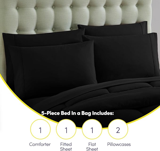 Sweet Home Collection 5 Piece Comforter Set Bag Solid Color All Season Soft Down Alternative Blanket & Luxurious Microfiber Bed Sheets, Black, Twin