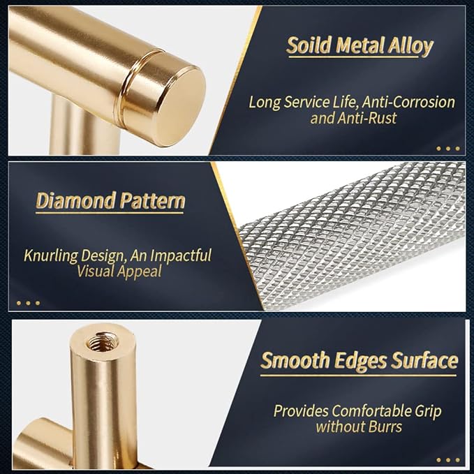 Knurled Cabinet Pulls 2 Pack, 5 Inch Long Cabinet Handles Metal Door Pulls, Kitchen Drawer Pull Knurled Dresser Handles - 3 3/4" Hole to Hole, Grey & Gold