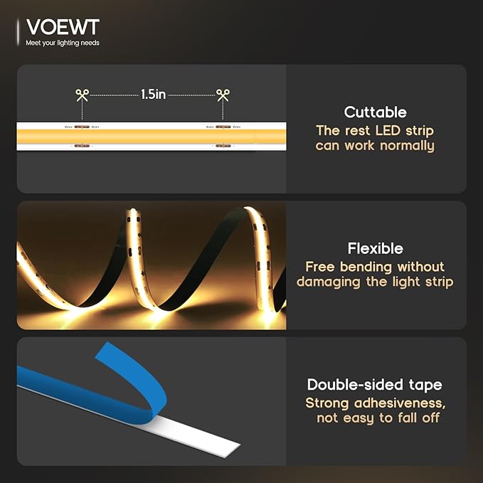 COB LED Strip Lights Daylight White 6000K,16.4ft 24V High CRI 95Ra+ Super Bright,Flexible Tape Lights for Bedroom,Mirror,Kitchen Cabinet, Living Room(Power Supply Not Included)