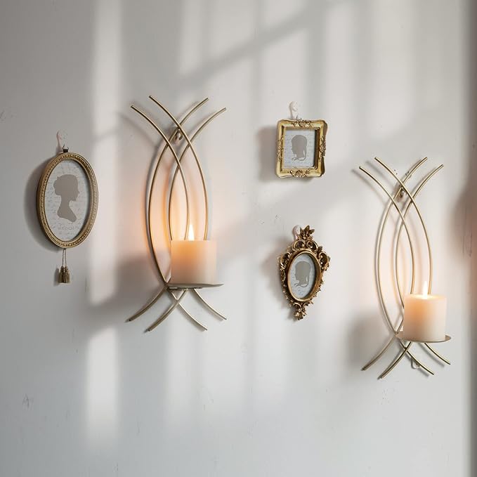 Wall Sconce Gold Wall-Mount Metal Iron Wall Candle Sconce Holder Hanging Art Home Decoration Wall Mounted Decorative Candle Holder, Set of 2