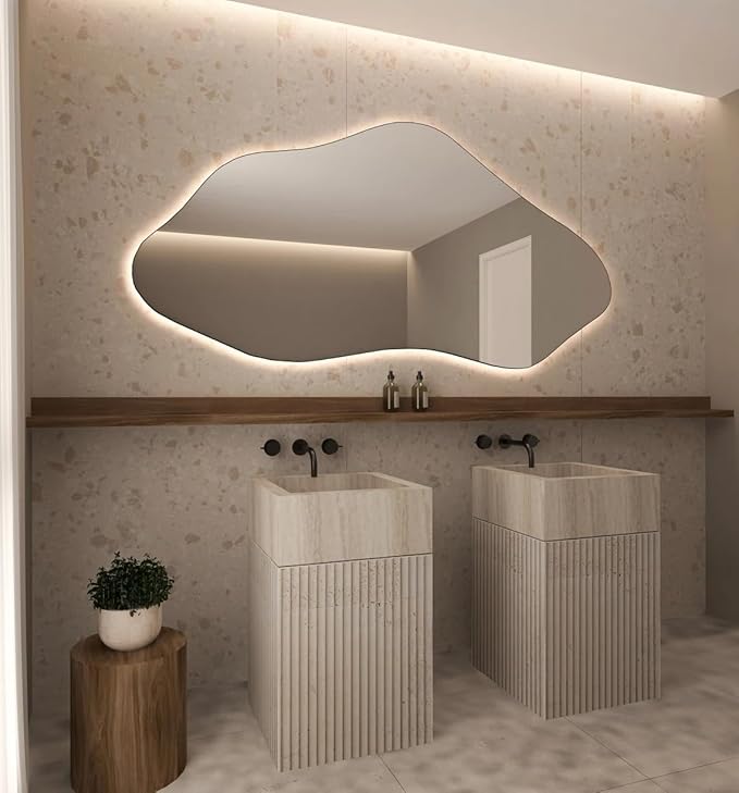 Asymmetrical Bathroom LED Mirror, Modern Irregular Shape Wall Mirror with LED Lights, Frameless Aesthetic Backlit LED Illimunated Vanity Mirror (20" x 10" inc)