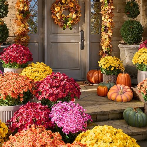 Artificial Mums for Outdoors, Faux Sunset Mum Flowers Planters for Indoor Outside Decor, Fake Look Real, Vibrant, UV Resistant, Waterproof, Windproof (1Mix, 5 Bundle)