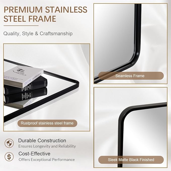 ANDY STAR 48X36 Inch Black Bathroom Mirror, Matte Black Vanity Mirrors for Wall, Rounded Rectangle Mirror for Bathroom, Seamless Tube Metal Frame, 1’’ Deep Wall Mounted Vertical/Horizontal