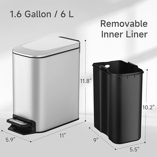 TIPGO Slim Bathroom Trash Can with Lid Soft Close, Step Pedal, 6 Liter / 1.6 Gallon Stainless Steel Trash Bin, Small Garbage Cans for Bedroom, Office, Kitchen (Silver)