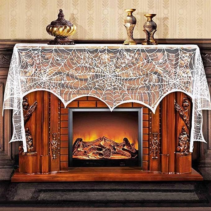 AerWo Halloween Fireplace Mantel Scarf, Halloween Decorations White Lace Spiderweb Fireplace Cover Festive Party Supplies,18 x 98 inch by AerWo