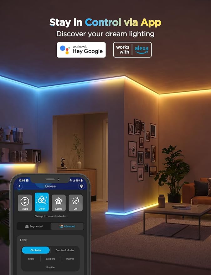 Govee RGBIC LED Strip Lights 32.8ft with Covers, Smart Lights Work with Alexa and Google Assistant, LED Diffuser Channel with LED Lights for Bedroom, Skirting Lines, Studio, Cabinet