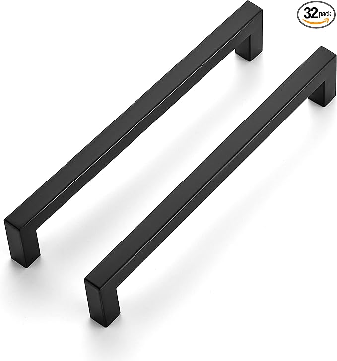 Ravinte 32 Pack Stainless Steel Kitchen Cabinet Handles Matte Black Square Bar Cabinet Pulls Kitchen Drawer Handles Sleek Dresser Drawer Pulls with 7-1/2 inch Hole Centers Flat Black Cabinet Hardware…
