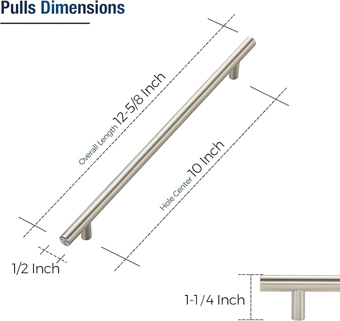 JOY DECOR 10 Pack Cabinet Handles, Brushed Nickel Cabinet Pulls, 10 in Hole Center Kitchen Cabinet Handles, Stainless Steel T Bar Handles for Dresser Drawers