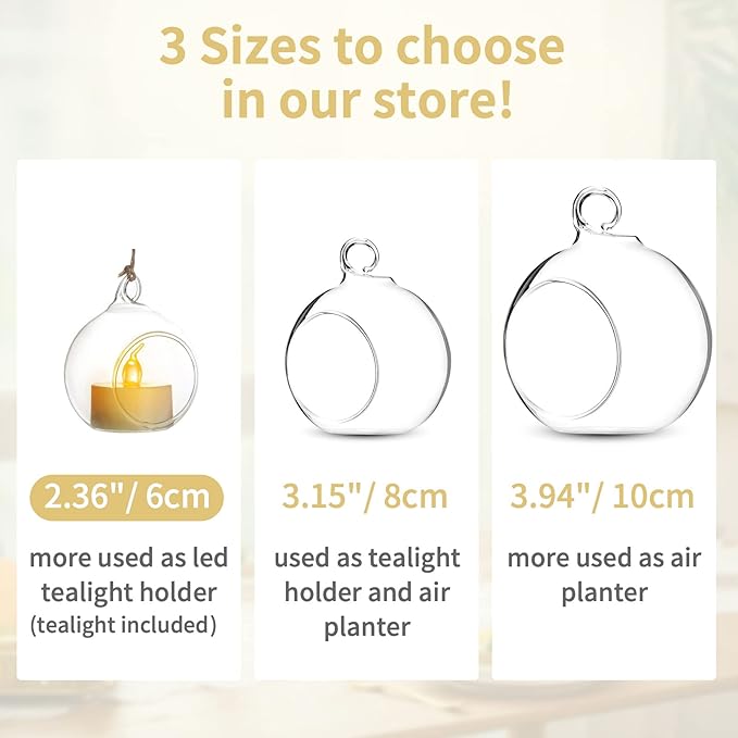 NUPTIO Hanging Glass Globe with Candles: Set of 12 Tealight Candle Holders with LED Tea Lights - 2.36 inch Bulk Clear Votive Candleholders for Party Wedding Birthday Shower Celebration Tree Decoration