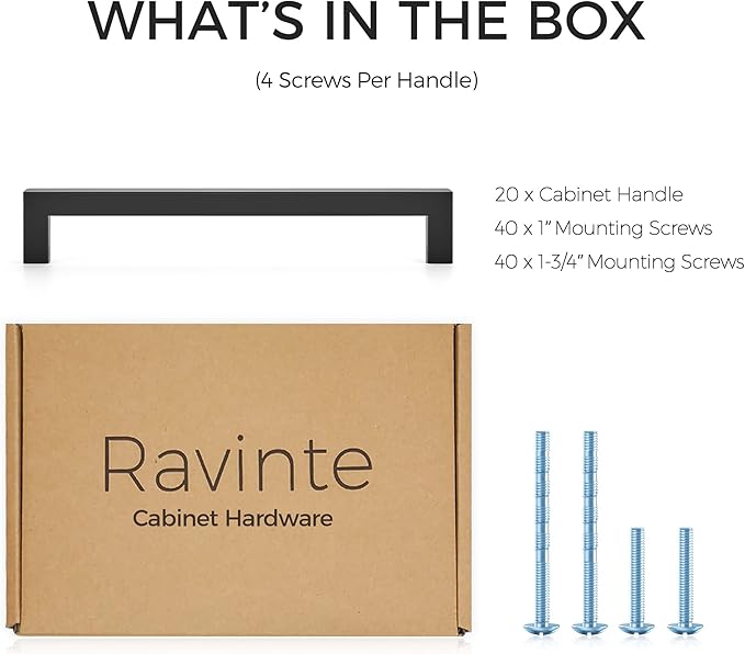 Ravinte 20 Pack 7-1/2 Inch Kitchen Square Cabinet Handles Matte Black Pulls Black Drawer Pulls Kitchen Cabinet Hardware for Cupboard Drawer Handles