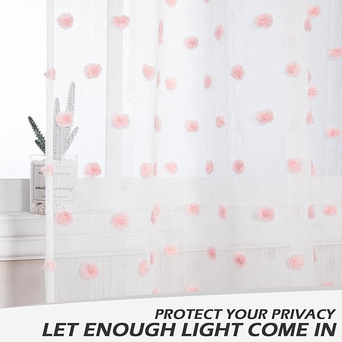 MYSKY HOME Pink Curtains for Bedroom 63 Inch Length Pom Pom Short White Sheer Curtains for Boys Room Kids Curtains Dining Room Rod Pocket Bohemian Farmhouse Window Drapes 52 x 63 in 2 Pieces