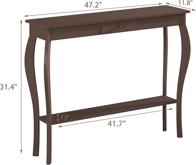 ChooChoo 47 Inch Narrow Console Table with Drawer, Chic Accent Sofa Entryway Table with Shelves for Entryway, Living Room, Hallway, Espresso