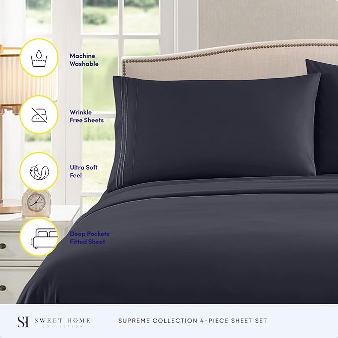 Queen Size Bed Sheets - Breathable Luxury Sheets with Full Elastic & Secure Corner Straps Built In - 1800 Supreme Collection Extra Soft Deep Pocket Bedding, Sheet Set, EXTRA DEEP pocket - Queen, Navy