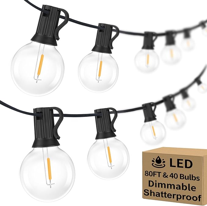 80FT Outdoor G40 LED Globe String Lights Dimmable Waterproof Shatterproof Light Strings with 40 Bulbs Connectable Commercial Hanging Lights for Christmas Patio House Backyard Balcony Party