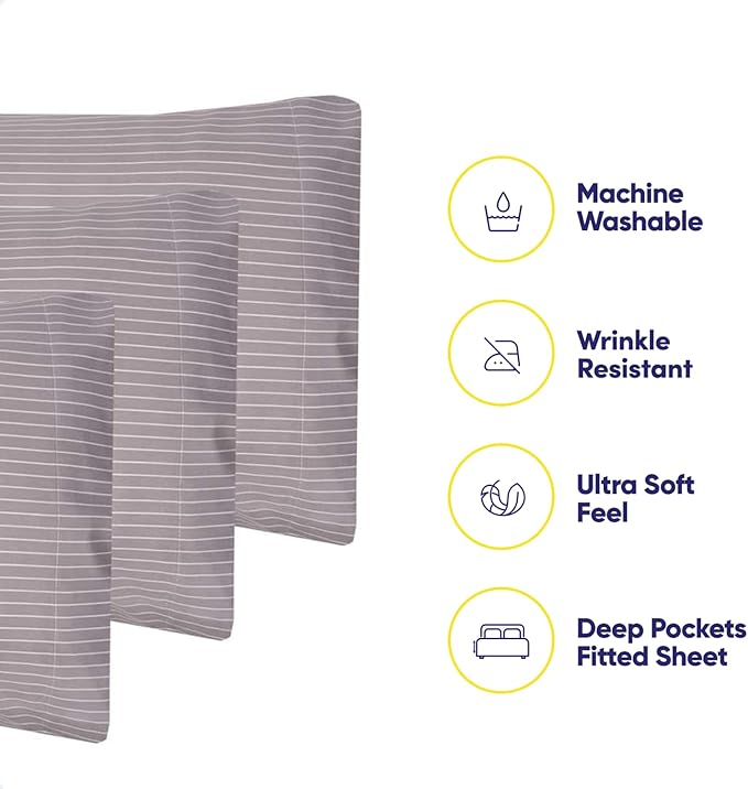 Queen Sheets Pinstripe Gray - 6 Piece 1500 Supreme Collection Fine Brushed Microfiber Deep Pocket Queen Sheet Set Bedding - 2 Extra Pillow Cases, Great Value, Queen, Pinstripe Gray