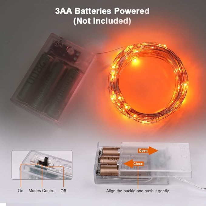 BrizLabs Orange Halloween Lights, 19.47ft 60 LED Orange Fairy Lights String, 2 Modes Battery Halloween String Light, Indoor Silver Wire Twinkle Light for Christmas Thanksgiving Party Carnival Decor