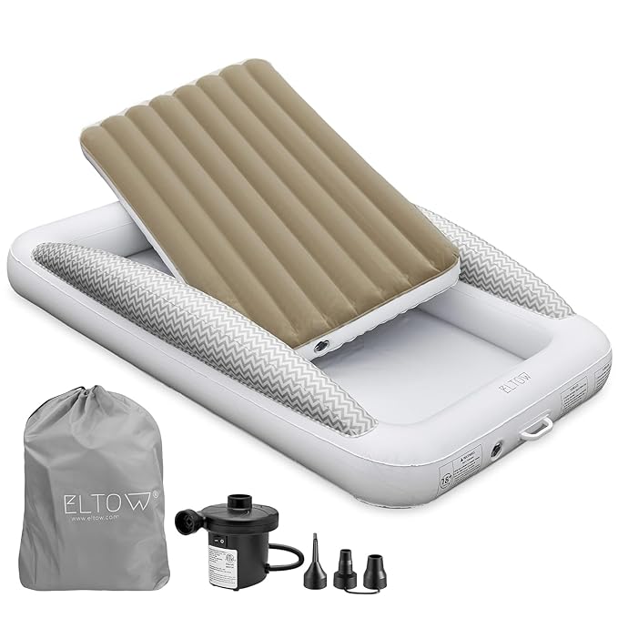 ELTOW Inflatable Toddler Travel Bed with Safety Bumpers, Portable Kids Air Mattress for Travel, Complete Toddler Air Mattress Set with High-Speed Pump & Carry Bag - Gray Chevron