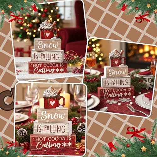 Lineshading 4 Pcs Christmas Table Decor, Hot Cocoa Wood Block Sign Home Set - Image 5
