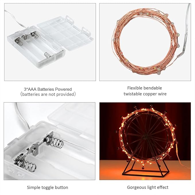 Mini Halloween Fairy Lights Battery Operate, 1 Pack Copper Wire Night Lights 3*AAA Battery Powered Led Starry Fairy String Lights for Bedroom, Christmas, Party, Decoration(5m/16ft Orange)