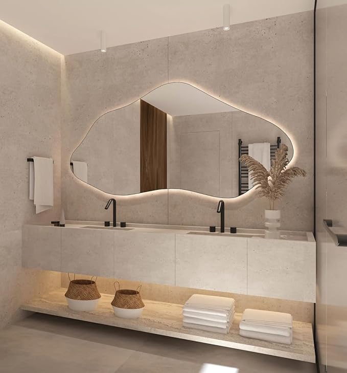 Asymmetrical Bathroom LED Mirror, Modern Irregular Shape Wall Mirror with LED Lights, Frameless Aesthetic Backlit LED Illimunated Vanity Mirror (43" x 21" inc)