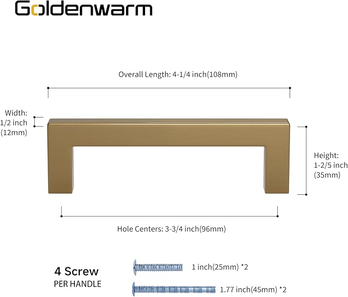 goldenwarm 10 Pack Champagne Bronze Cabinet Pulls Gold Cabinet Handles 3-3/4in Bronze Drawer Pulls Champagne Gold Drawer Handles Square Kitchen Dresser Hardware for Bedroom Cupboard