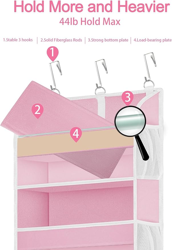 2 Pack Over The Door Storage Organizer with 5 Pockets 10 Mesh Pockets, 44 lbs Weight Capacity Door Hanging Organizers and Storage for Bedroom,Bathroom,Nursery,Kidroom,Babyroom