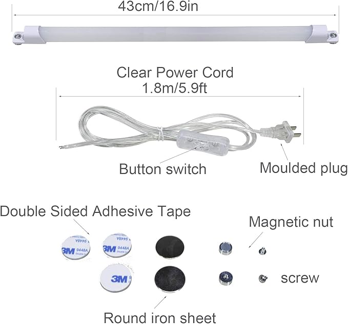110V LED Under Cabinet Lighting,17inch LED Strip Light Bar with 6ft Power Cord,Magnetic Installation,Super Slim Counter Light,Reading Desk Lamp for Kitchen/Work Table.(White 6000K)