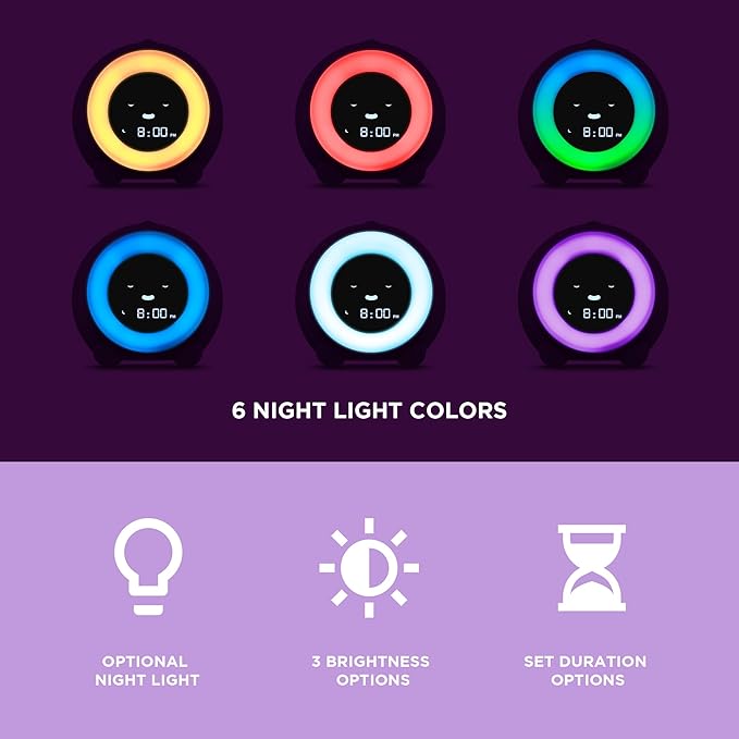 LittleHippo Mella: Kids Alarm Clock, Ready to Rise Children's Sleep Trainer, Night Light, Sound Machine and OK to Wake for Toddlers and Kids - Bright Purple (Updated 2025)