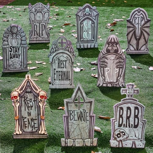 JOYIN 16" 9 Pcs Halloween Tombstones Decorations Outdoor Graveyard Decor, Yard Lawn Cemetery Plastic Headstones with 18 Metal Stakes For Halloween Indoor Prop Decorations, Party Decor Supplies - Image 7