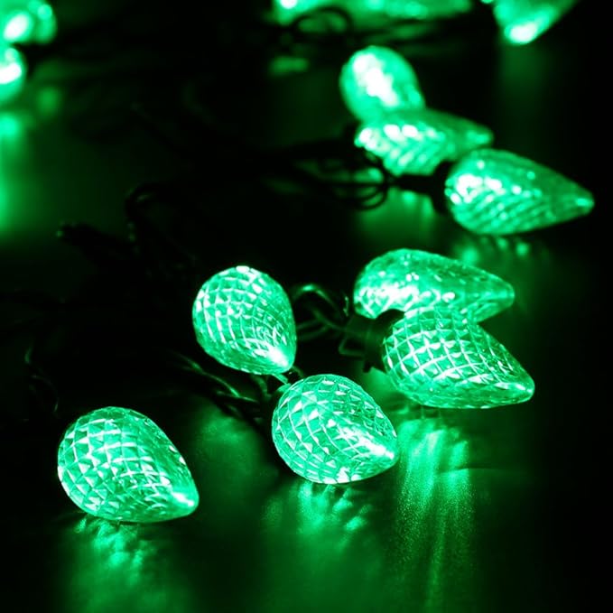 Brizled C9 Green String Lights, 16ft 25 LED Faceted Christmas Light Connectable, 120V UL Certified Roof Lights, Indoor Outdoor Xmas Tree Lights for Halloween Christmas St. Patrick's Day Party Garden