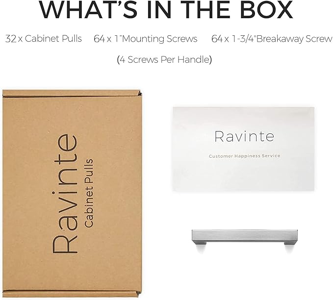 Ravinte 32 Pack 3-3/4 Inch Square Cabinet Handles Satin Nickel Pulls Brushed Nickel Drawer Pulls Kitchen Cupboard Hardware for Cabinets Cupboard Drawer Handles