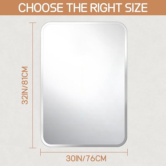Frameless Bathroom Mirror for Over Sink,Wall Mounted Vanity Mirrors 30x32in,Rounded Rectangle Mirror Frameless with Polished Edge for Bedroom,Living Room,Entryway,Shatterproof (Horizontal/Vertical)
