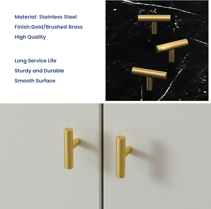 LONTAN 20 Pack Gold Knobs for Dresser Kitchen Cabinet Knobs Brushed Brass T Bar Hardware Brushed Gold Furniture Door Handles,Stainless Steel