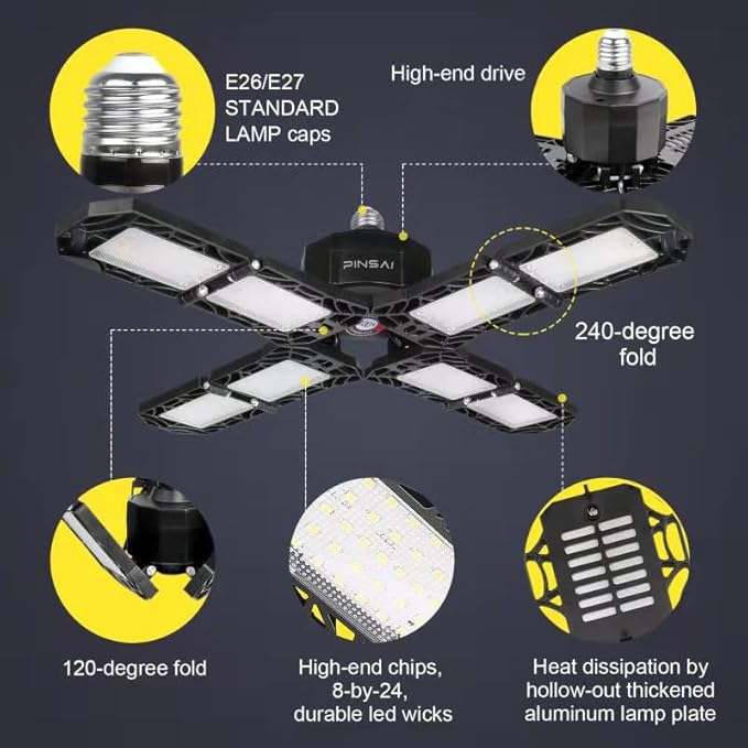 LED Garage Light,Super Bright Screw in E26/E27 Ceiling Shop Work Lamp, 200W 20000 Lumen Deformable Basement Bulb Fixture with 8 Adjustable Panels, Lighting for Workshop, Attic