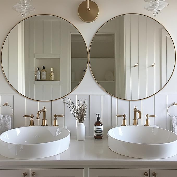 ANDY STAR Gold Round Mirror, Brushed Gold Round Bathroom Mirror, Brass Circle Mirror 32 inch, Modern Vanity Mirror in Stainless Steel Metal Frame for Home Decor, Entryway, Living Room